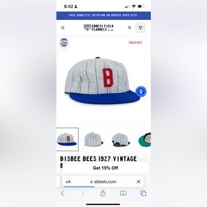 Bisbee Bees 1927 vintage Ballcap Ebbets Field Flannels